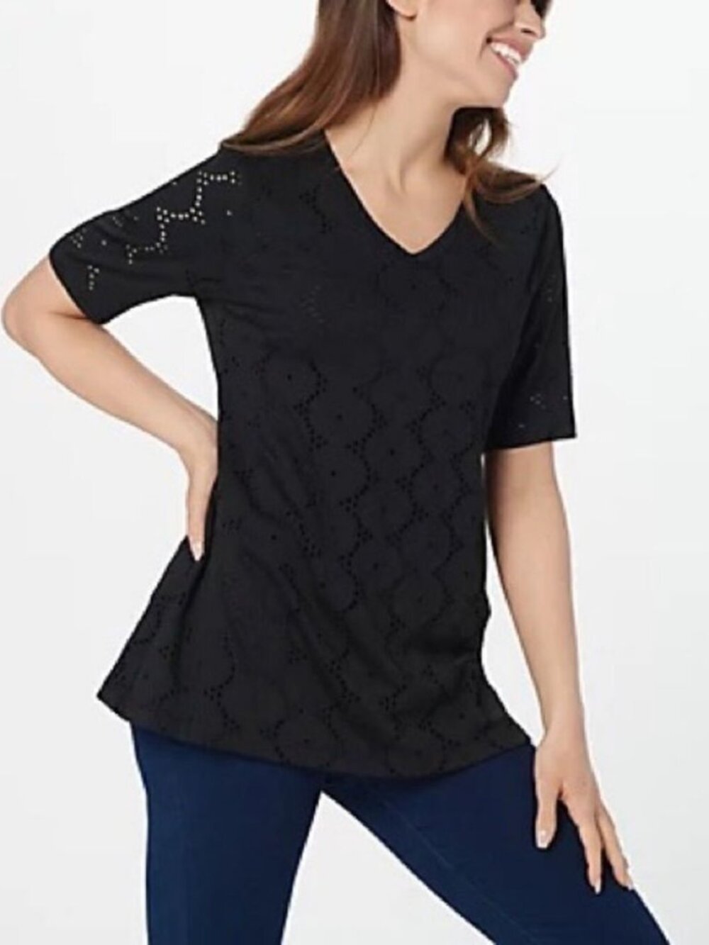 Isaac Mizrahi Knit Eyelet Rounded Swing Elbow Sleeves Top
